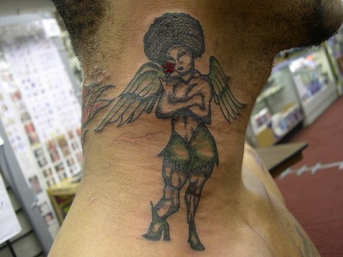 Virago angel with afro hair tattoo on neck
