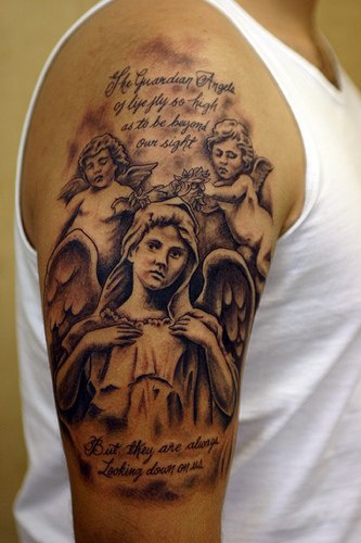 Angel and cherubs tattoo on shoulder