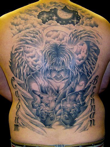 Full back tattoo with angel in sky