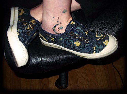 Little blue moon and stars ankle tattoo