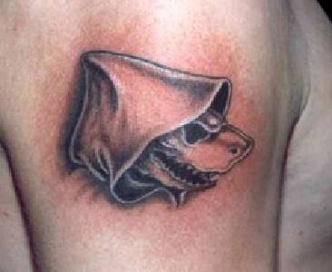 Pequeño tatuaje el tiburón en la capucha