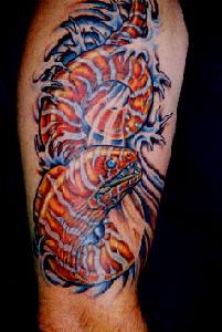 Big colorful water animal tattoo on leg