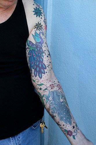 Magic blue bird sleeve tattoo