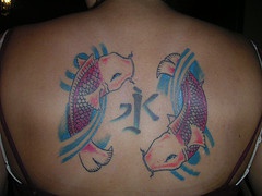 Two koi fishes on back in colour