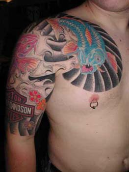 Harley davidson and koi fishes tattoo