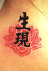 Tatuaje en la flor del loto con jeroglíficos asiáticos.