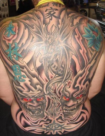 Asian oni demons and dragon full back tattoo