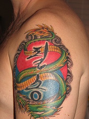 Classic green dragon with writing coloured tattoo