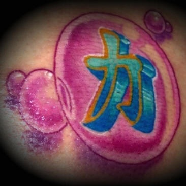 Hieroglyph in bubbles coloured tattoo