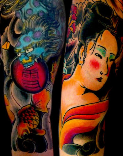 Asian themed sleve tattoo in colour