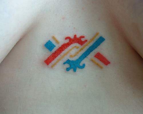 Aztec red and blue symbol tattoo