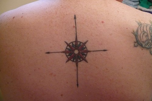 Circle on upper back tattoo with arrows