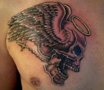 Flying skull biker tattoo