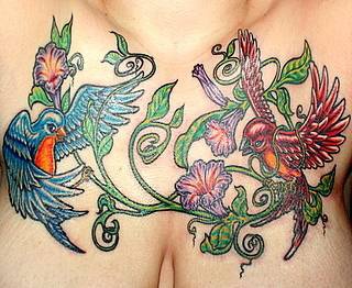 Two beautiful birds in small wood on chest