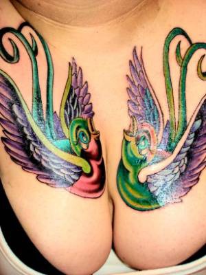 Tatuaje en el pecho, dos pájaros bonitas multicolores