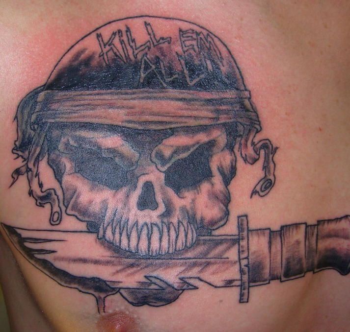Skull with knife in teeth black  tattoo