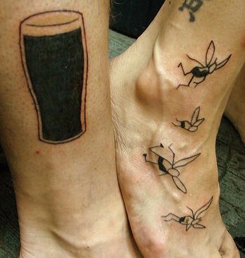 Beer and mosquitoes black ink tattoo