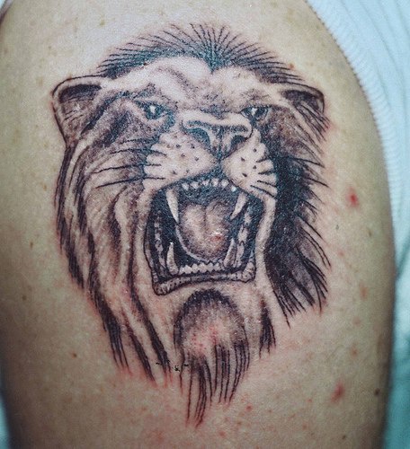 Black roaring lion tattoo