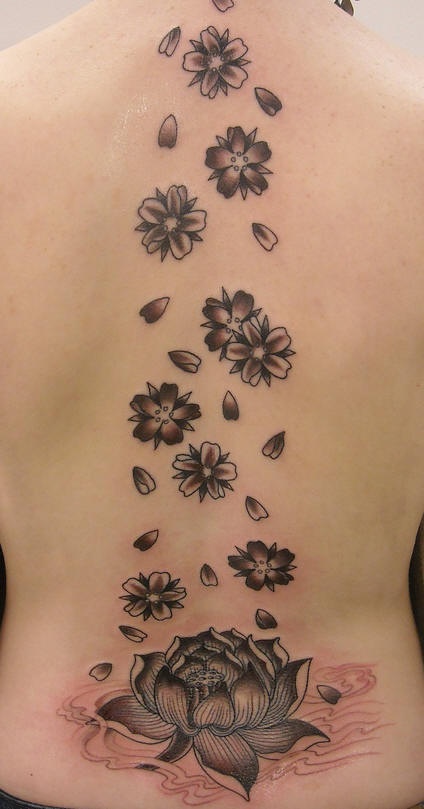 El tatuaje de una flor de loto y muchas flores de cereza de color negro en la espalda