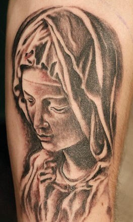Mary in cape black ink tattoo
