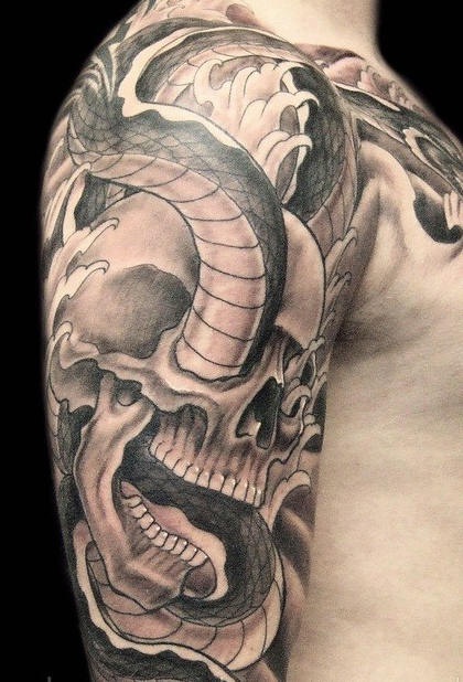 Skull with snake tattoo on arm