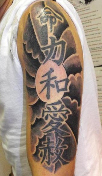 Japanese writings tattoo on arm