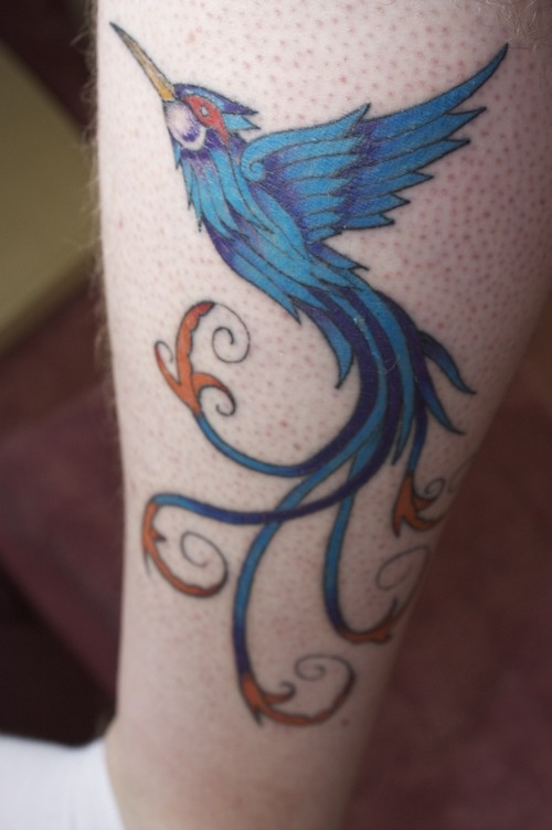 Tatuaje pájaro azul en pierna