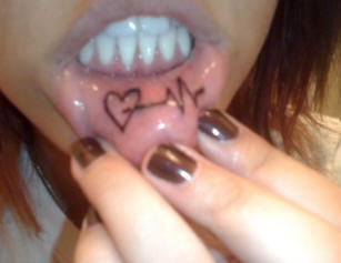 Bottom lip tattoo, black and white,heart palpitation