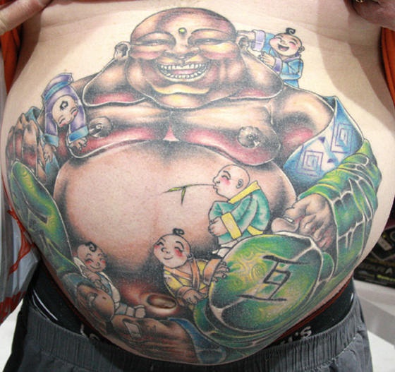 Stomach tattoo, happy buddha, many laughing children