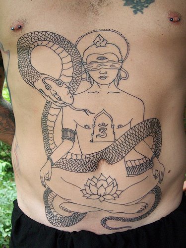 Blind buddha with snake tattoo