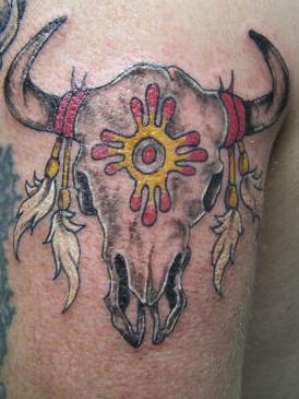 Indian style bull skull coloured tattoo