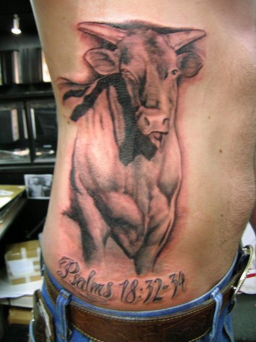 Bull tattoo with psalm number on it
