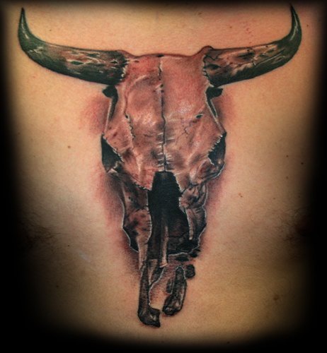 Broken old bull skull tattoo