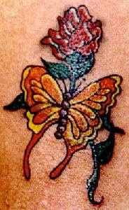 Yellow butterfly and red rose tattoo