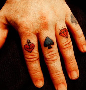 Knuckle tattoo,colourful, little card suits