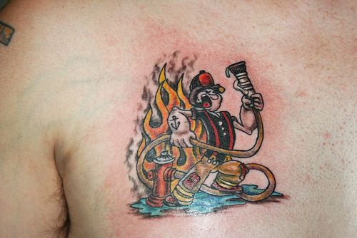 Poppeye in firefighter suit tattoo