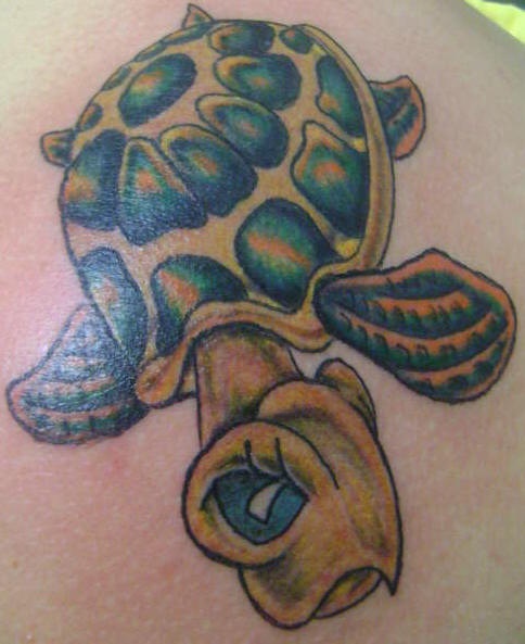 Cartoon turtle tattoo in yellow and green color