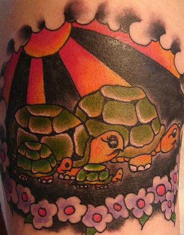 Cartoon colored tattoo with turtle family