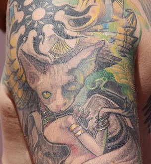 Sphynx cat coloured tattoo