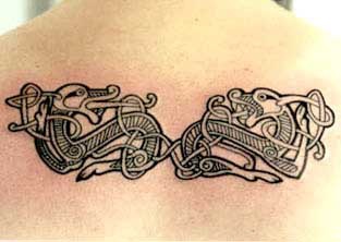 Two celtic style chimeras back tattoo