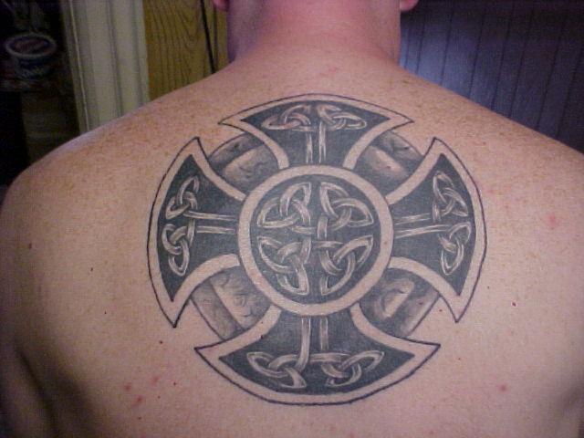 Large celtic cross tattoo on back