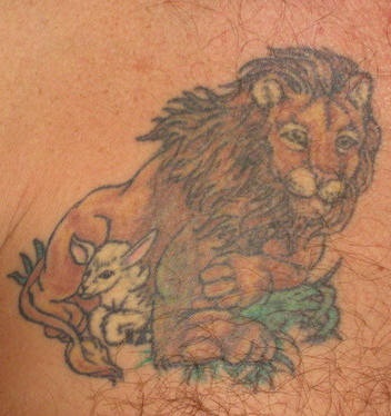 Löwe mit Schaf Tattoo in Farbe