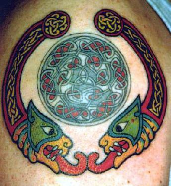 Celtic mythological beasts coloured tattoo