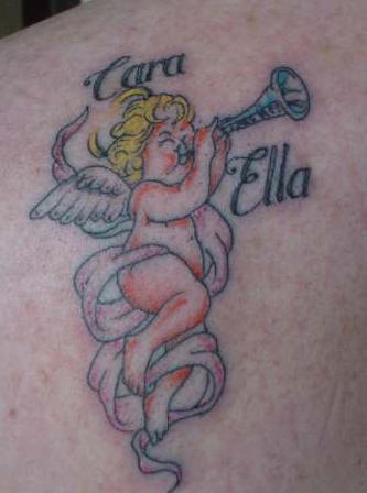Singing cherub coloured tattoo