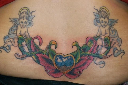 Flying cherubs holding blue heart tattoo