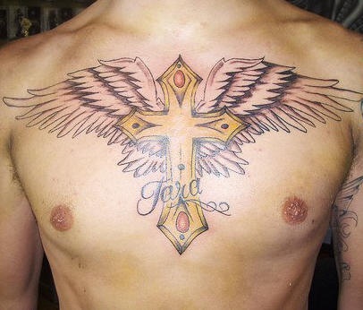 Cross with wings chest tattoo