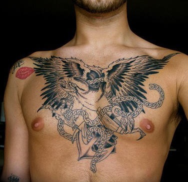 Eagle with anchor chest tattoo