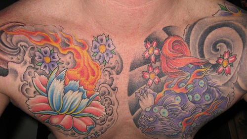 Flowered road chest tattoo