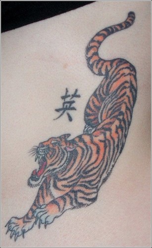 tigre con giroglifico cinese tatuaggio