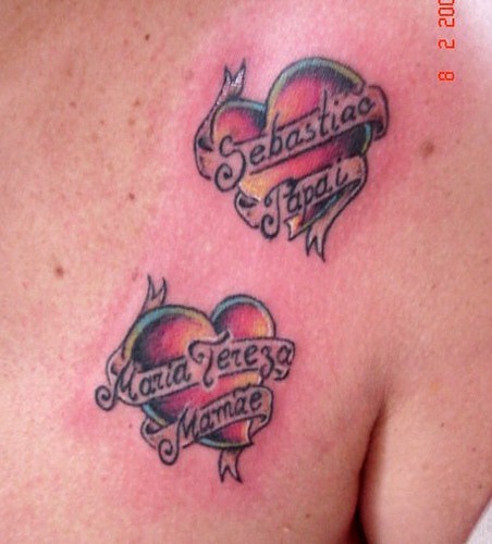 Two heart symbols with pair names tattoo